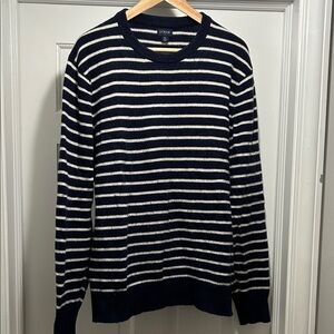J. Crew Navy and White Striped Crewneck Wool Blend Sweater